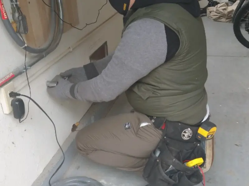 Electrician performing outlet wiring in a Lopatcong garage